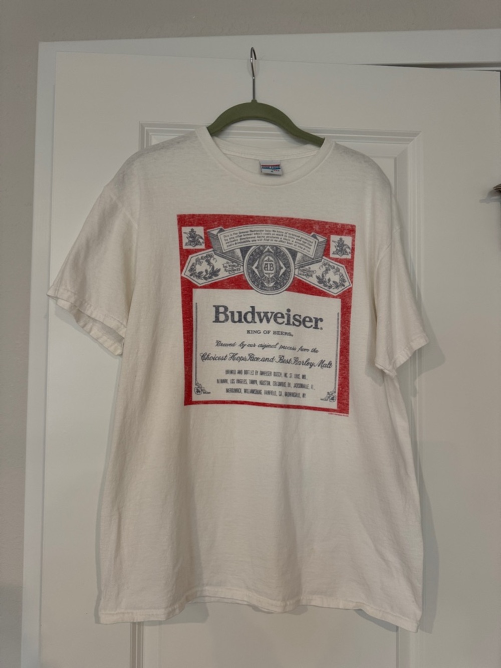 Junk Food Clothing White Tee with Red and Black Budweiser Graphic